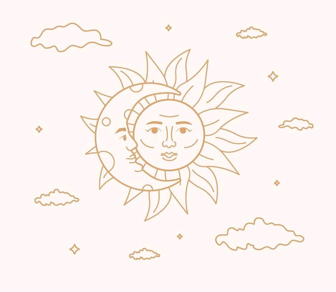 uma ilustração delineada mística com um sol e uma lua crescente. arte celestial dourada. vetor