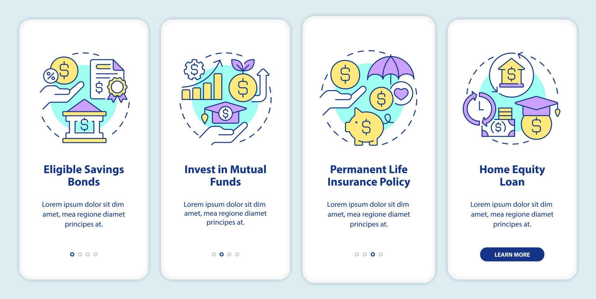 maneiras de economizar para a tela do aplicativo móvel de integração da faculdade. finanças passo a passo 4 passos instruções gráficas editáveis com conceitos lineares. ui, ux, modelo de gui. vetor