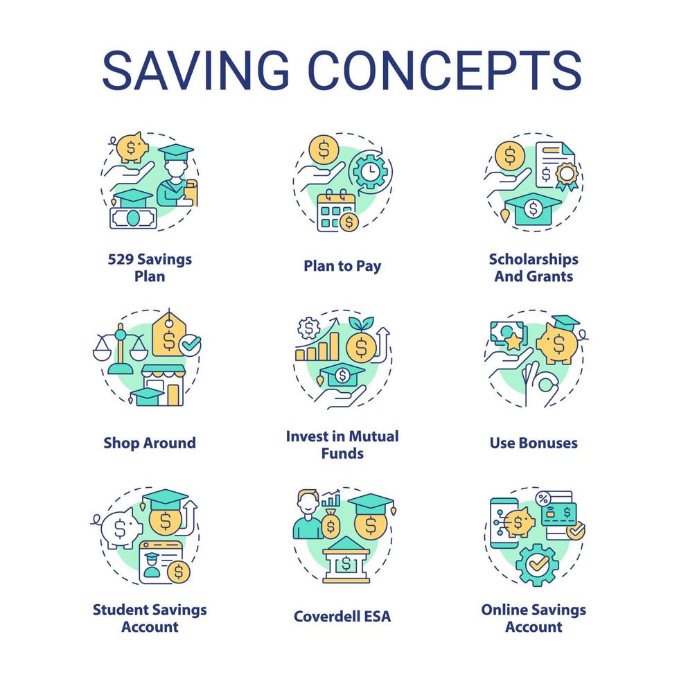 economizando para o conjunto de ícones do conceito de educação. fundos financeiros estudantis. ilustração de cores de linha fina de ideia de pagamentos de colagem. símbolos isolados. traço editável. vetor