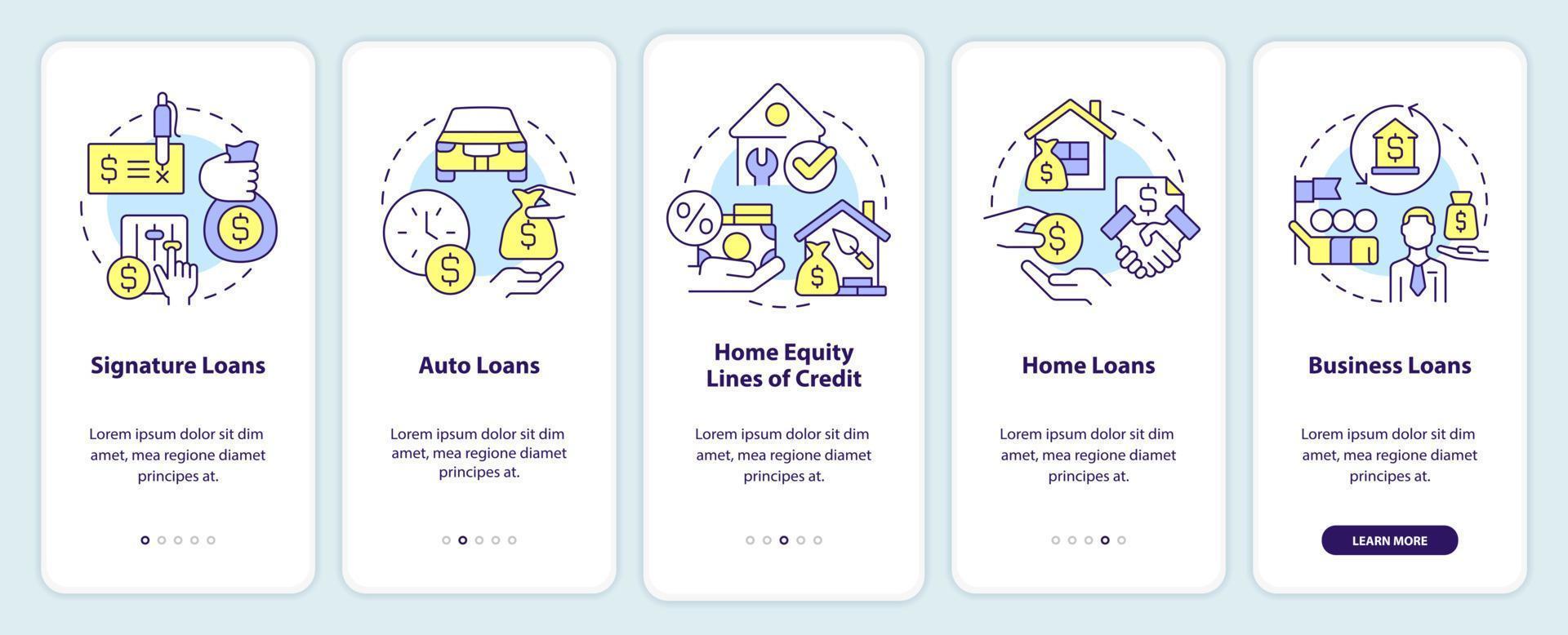 tipos de empréstimos na tela do aplicativo móvel. passo a passo de serviço bancário 5 passos instruções gráficas editáveis com conceitos lineares. ui, ux, modelo de gui. vetor