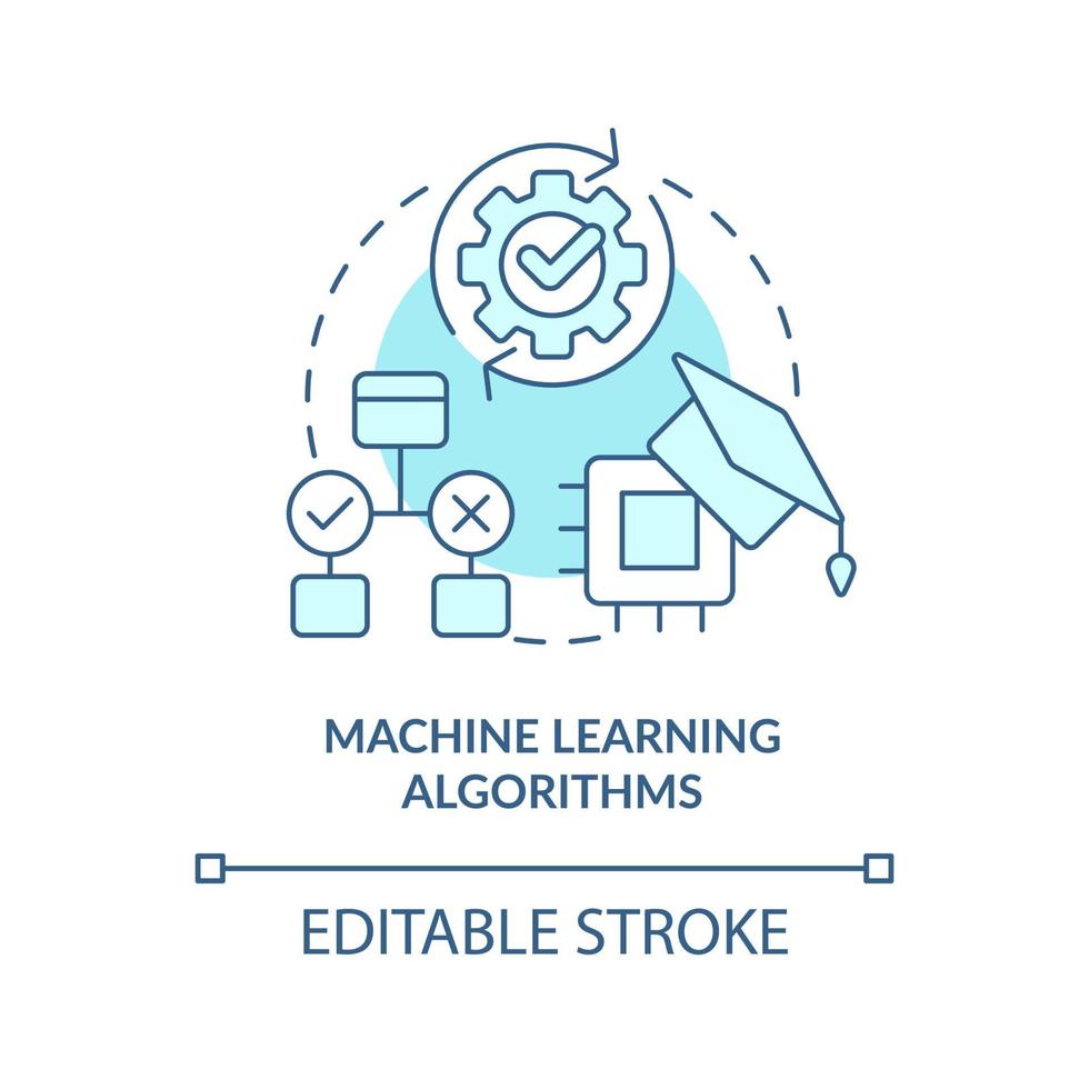 ícone de conceito turquesa de algoritmos de aprendizado de máquina. machine learning engenheiro habilidade idéia abstrata ilustração de linha fina. desenho de contorno isolado. traço editável. vetor