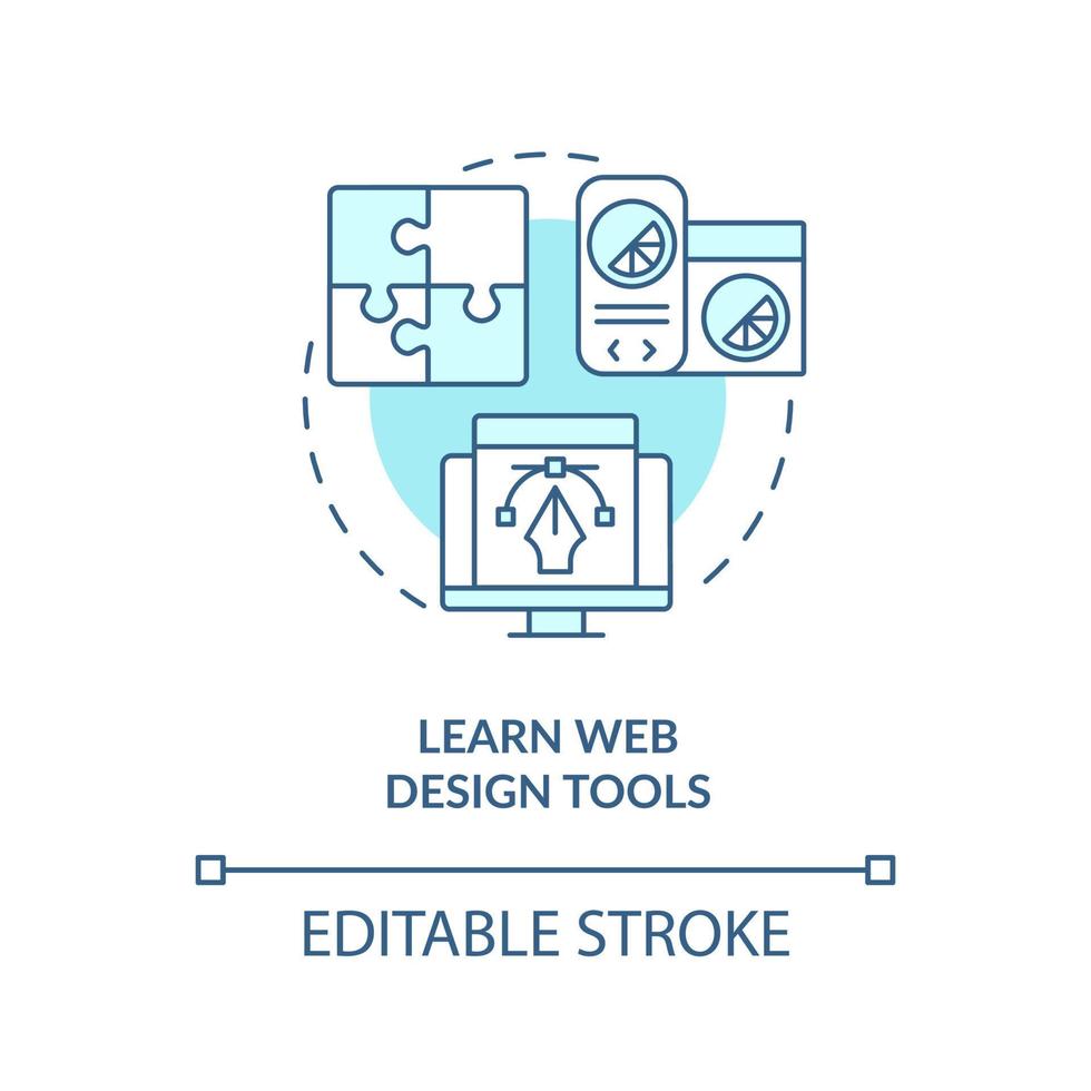 aprenda o ícone do conceito turquesa de ferramentas de design web. gerenciamento de conteúdo. web designer idéia abstrata ilustração de linha fina. desenho de contorno isolado. traço editável. vetor