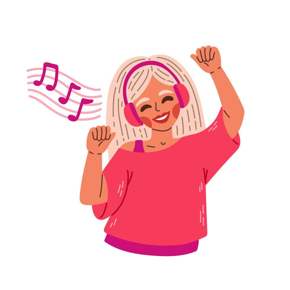 garota em fones de ouvido e fones de ouvido, ouvindo música e dançando. garota feliz usando o player de áudio isolado no fundo branco. ilustração em vetor plana dos desenhos animados.