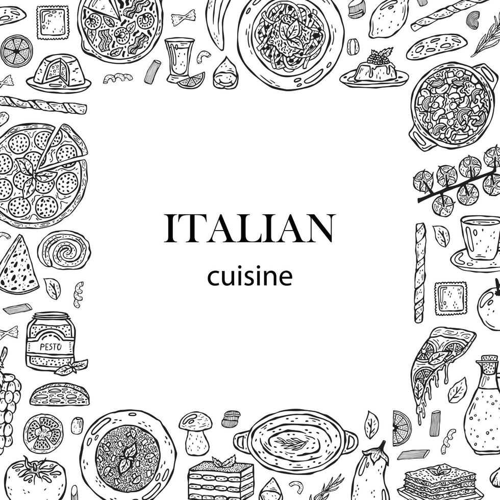 modelo vetorial ilustrações desenhadas à mão da cozinha italiana. vetor