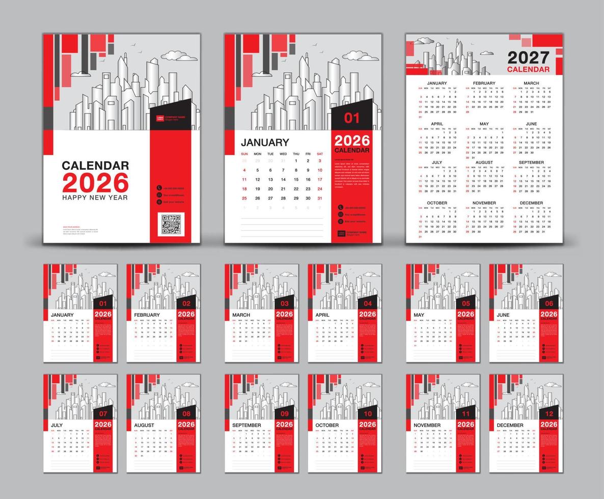 conjunto de design de calendário 2026-2027 e modelo de calendário 2027 de capa vermelha, semana começa domingo, calendário de parede 2027 ano, design de calendário de mesa definido, planejador, impressão, pôster, anúncio, vetor eps10