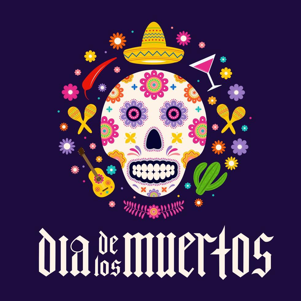 dia de los muertos fraktur fonte letras góticas com caveira de açúcar e flores. dia de feriado mexicano do cartaz de tipografia morta. modelo vetorial para banner, pôster, cartão de felicitações, convite, etc. vetor