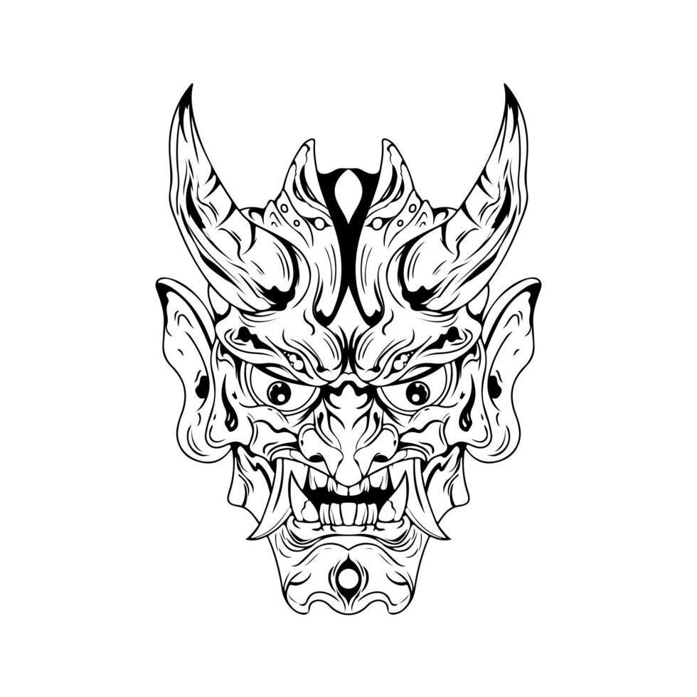 máscara de demônio da cultura japonesa ou máscara oni com estilo de desenho de mão em fundo branco. pronto para roupas impressas e tatuagens vetor
