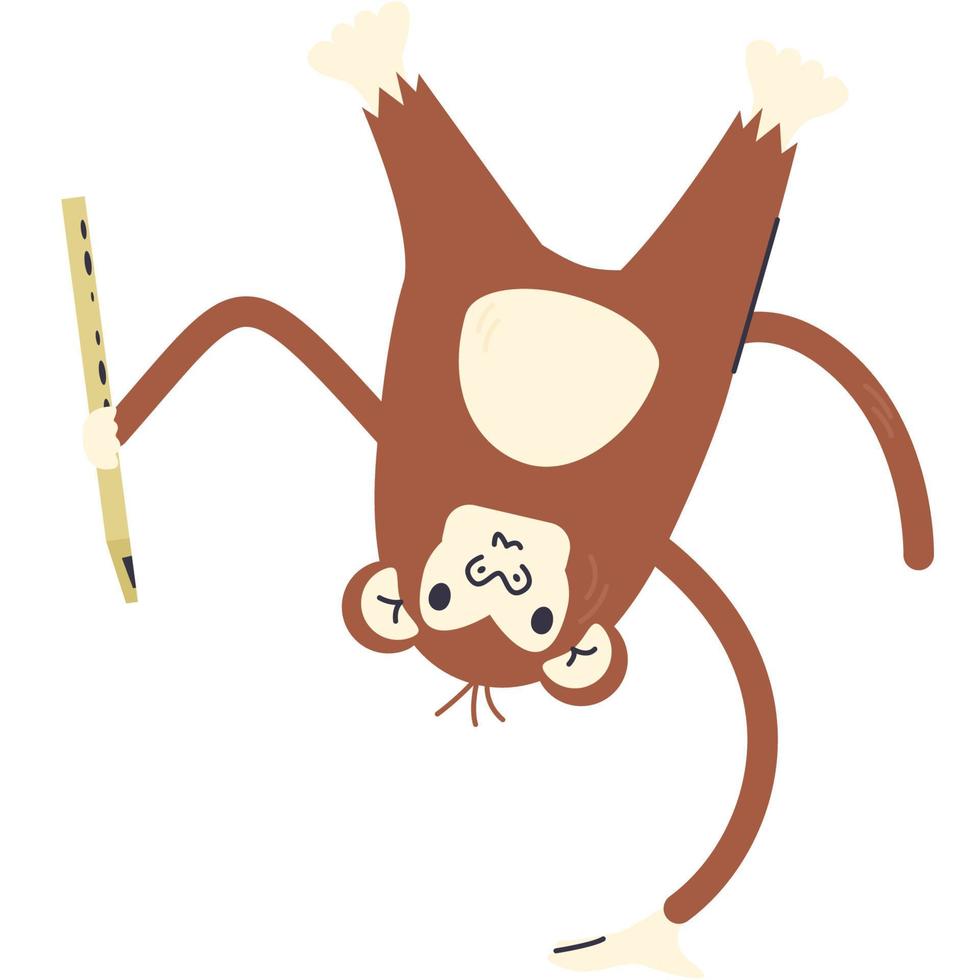 macaquinho bonitinho de pé em uma pata. macaco de berçário com flauta. design de conceito de impressão de personagens infantis. animal de bebê chimpanzé criativo engraçado. ilustração vetorial plana desenhada à mão animal isolada no branco vetor