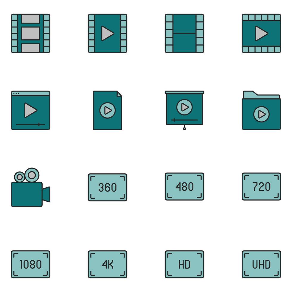 vetor de conjunto de ícones de linha cheia de videografia