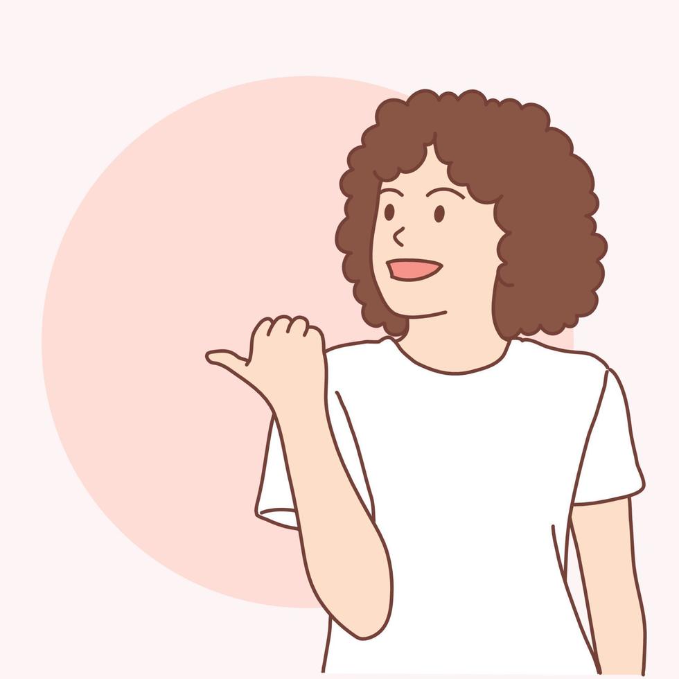 mulher está apontando com o polegar para sugerir algo interessante, desenho vetorial e ilustração. vetor