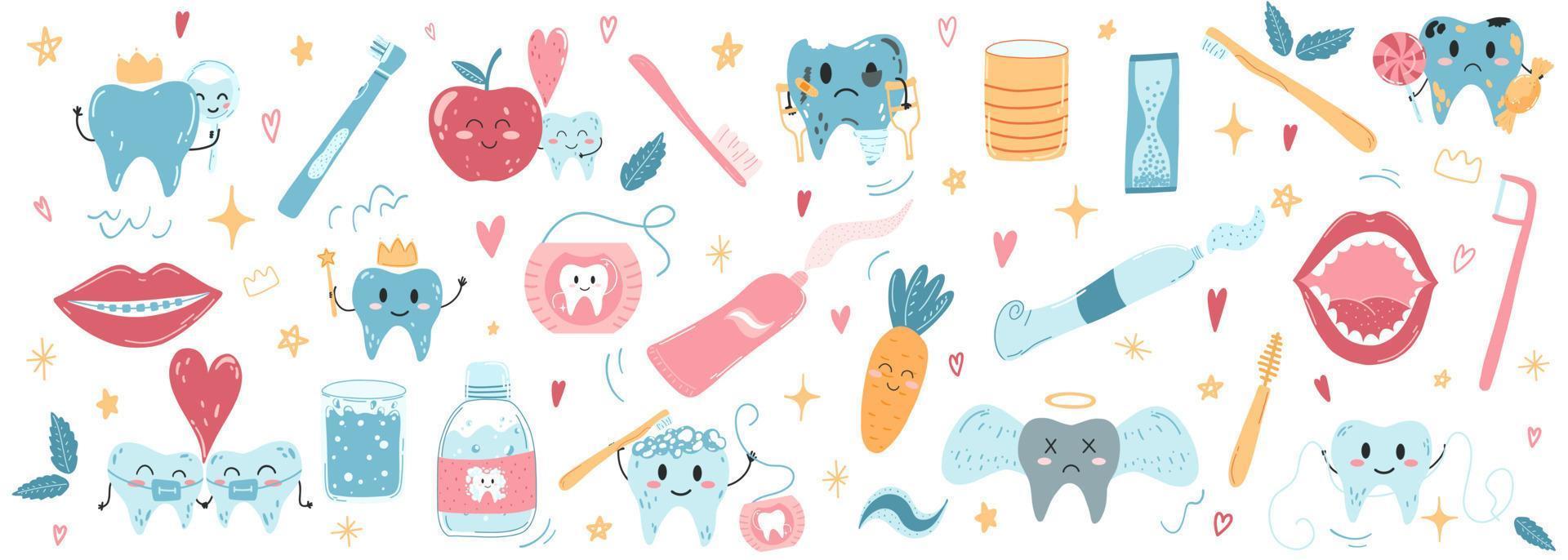 conjunto vetorial desenhado à mão de personagens de dentes kawaii e produtos de higiene bucal em estilo simples de desenho animado. escovas de dente, pasta de dente, boca, fio dental. conceito de atendimento odontológico vetor