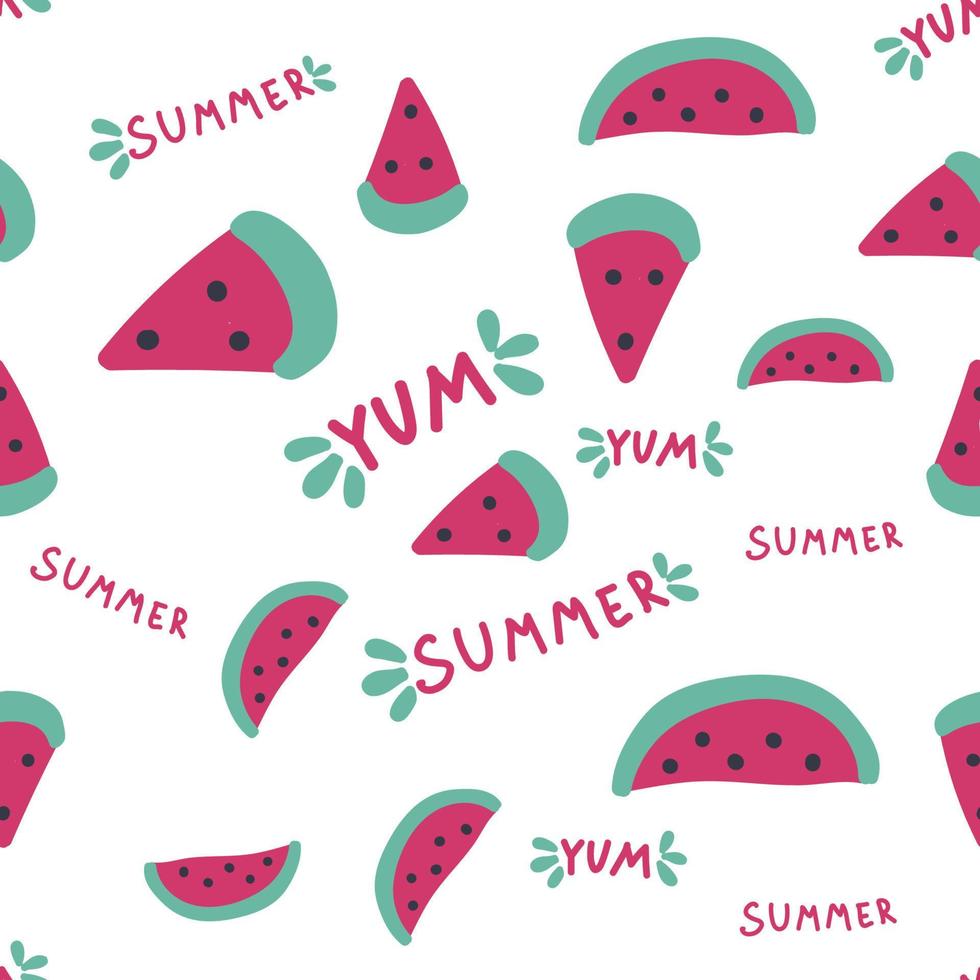 fatias de melancia sem costura padrão, padrão de verão com letras yum-yum vetor