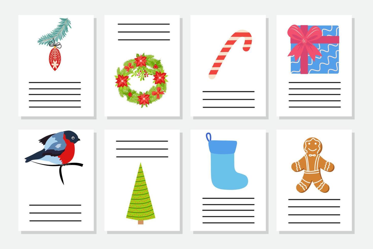 conjunto de saudação de natal ou convite. cartões postais com símbolos de ano novo, árvore de natal, flocos de neve, presentes, pirulito vetor