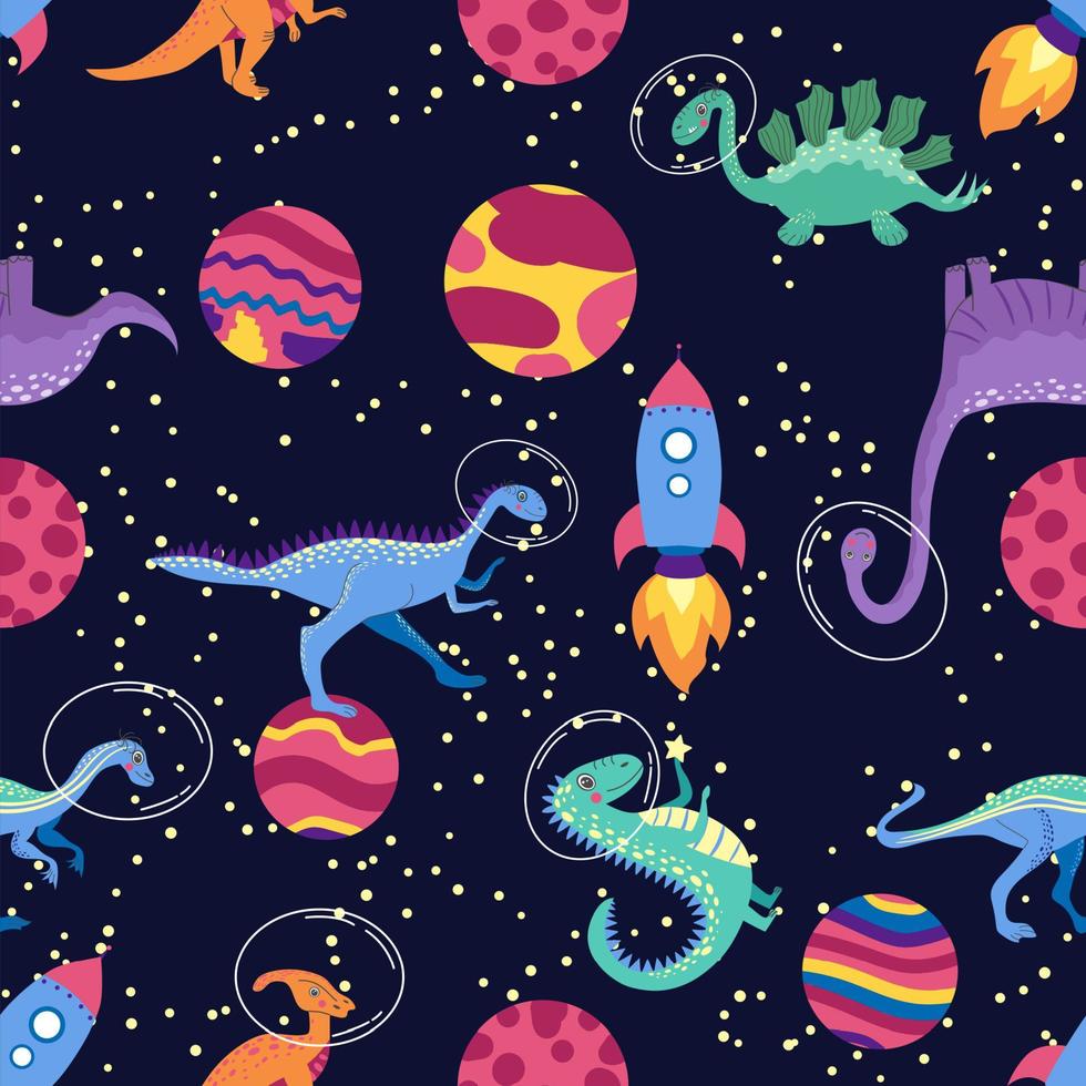 dino no padrão sem emenda do espaço. personagens de dragão fofo, galáxia viajando de dinossauro com estrelas, planetas. fundo de desenhos animados de crianças. ilustração do dragão astronauta, crianças embrulhando com dinossauro cósmico vetor