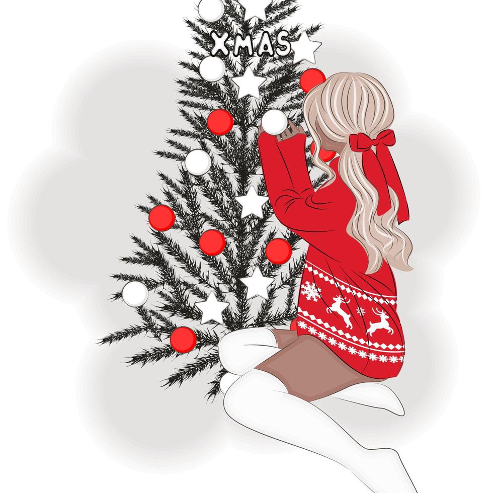 menina elegante decora a ilustração vetorial de árvore de natal vetor