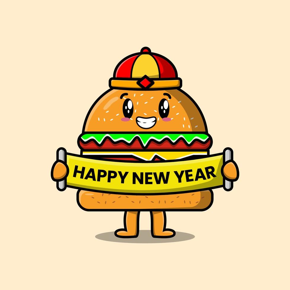 hambúrguer de desenho animado bonito segura placa de feliz ano novo vetor