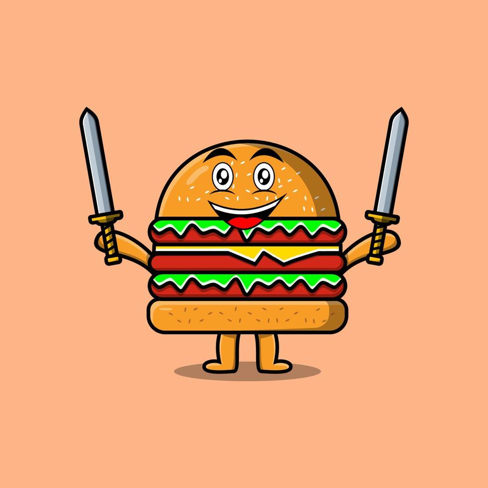 personagem de hambúrguer de desenho animado bonito segurando duas espadas vetor