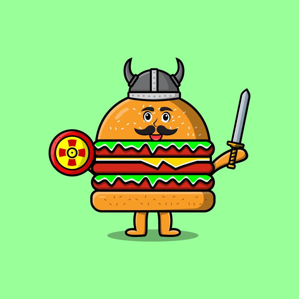 bonito cartoon hambúrguer viking pirata segurando a espada vetor