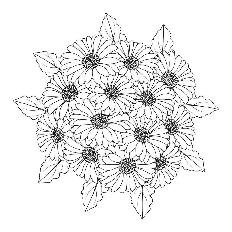 design de página para colorir de flor de camomila e margarida com gráfico vetorial de arte de linha detalhada vetor