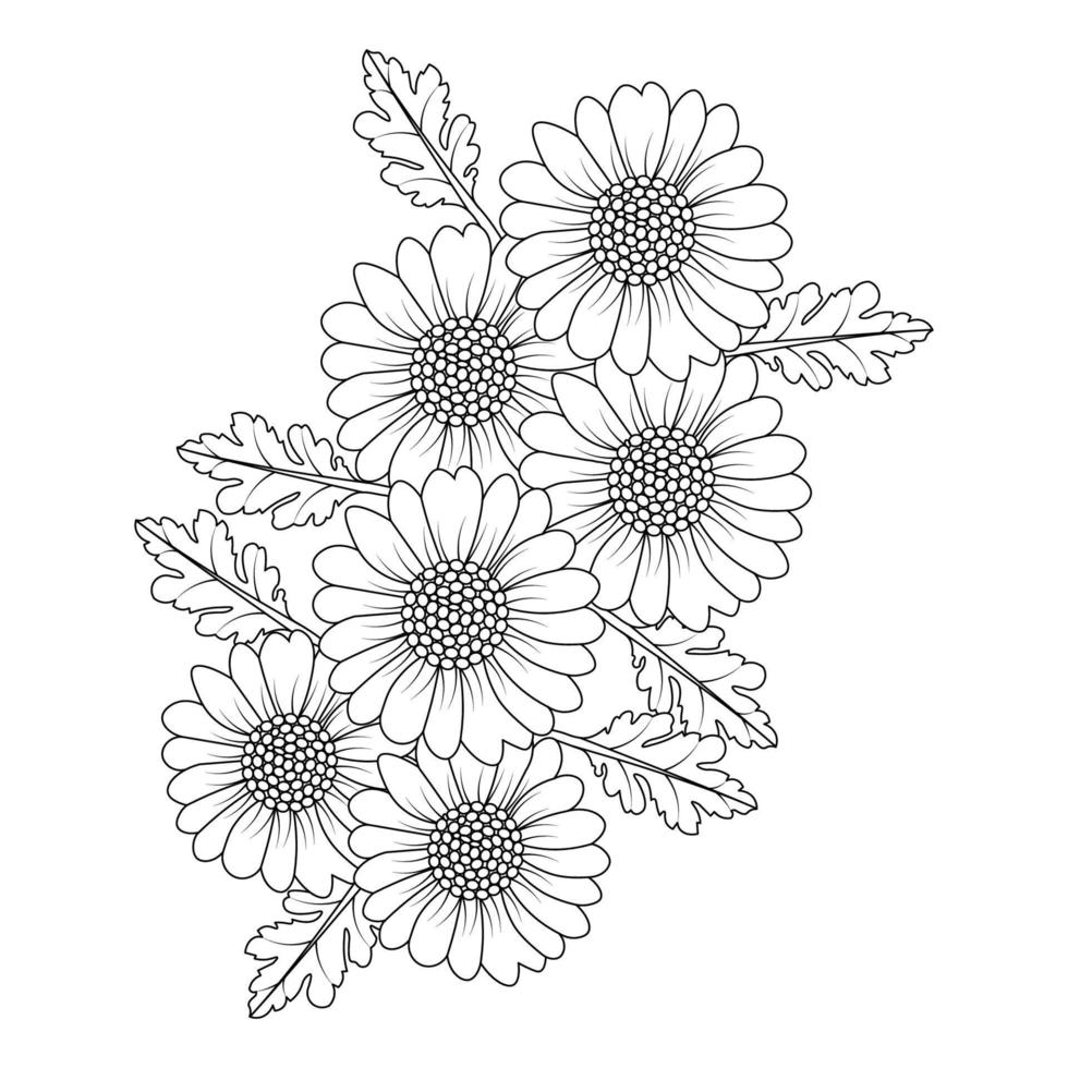 design de página para colorir de flor de camomila e margarida com gráfico vetorial de arte de linha detalhada vetor