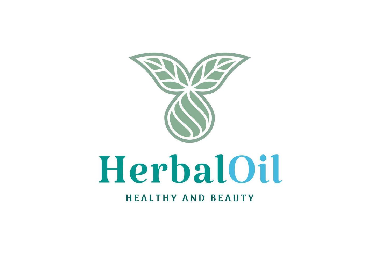 logotipo de saúde e beleza com forma de folha e óleo ou gota líquida vetor