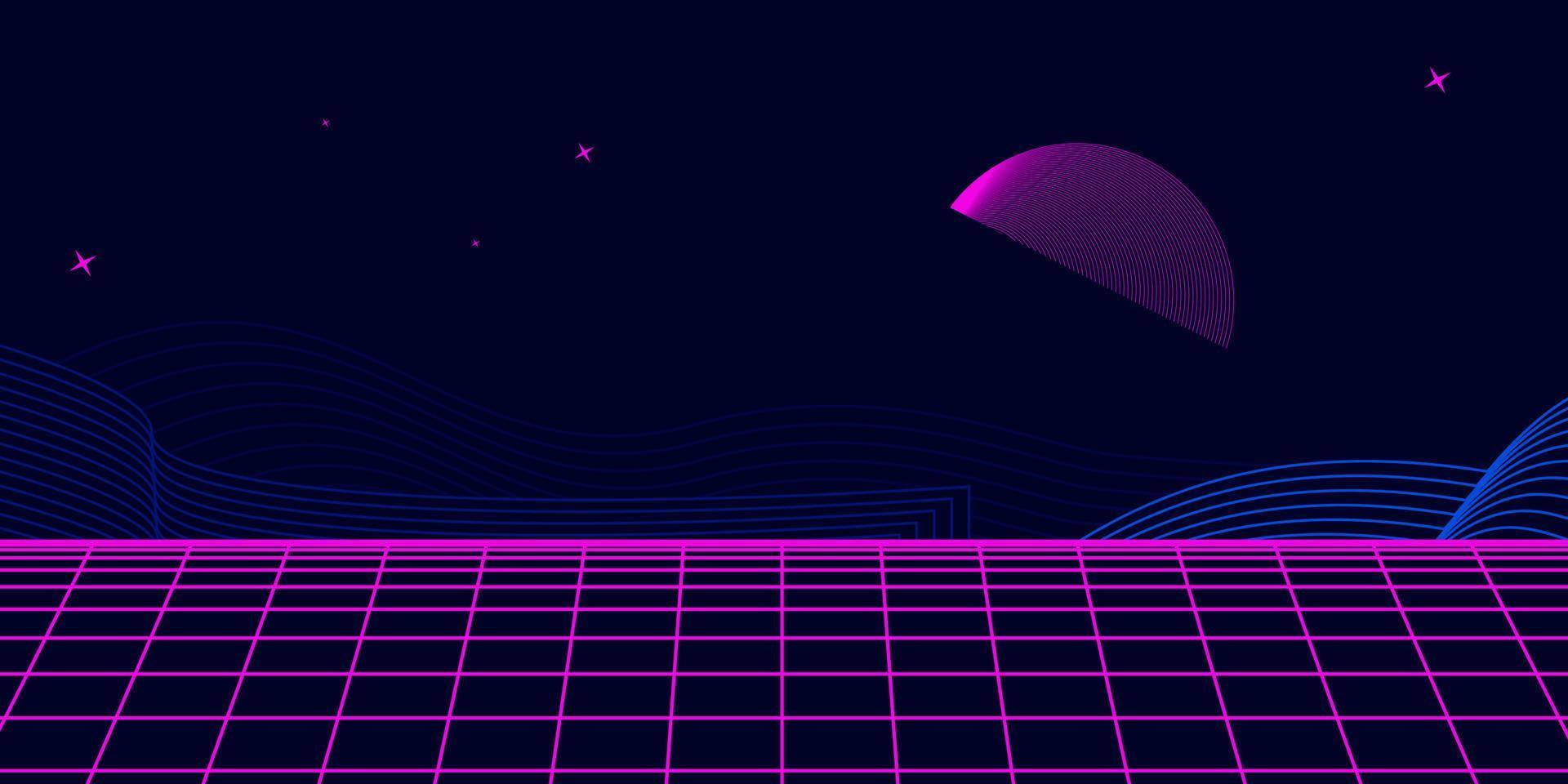 estilo de paisagem futurista de fundo retrô dos anos 80. superfície cibernética de paisagem retrô digital. fundo de festa dos anos 80. fundo de ficção científica de moda retrô dos anos 80. superfície cibernética digital. vetor