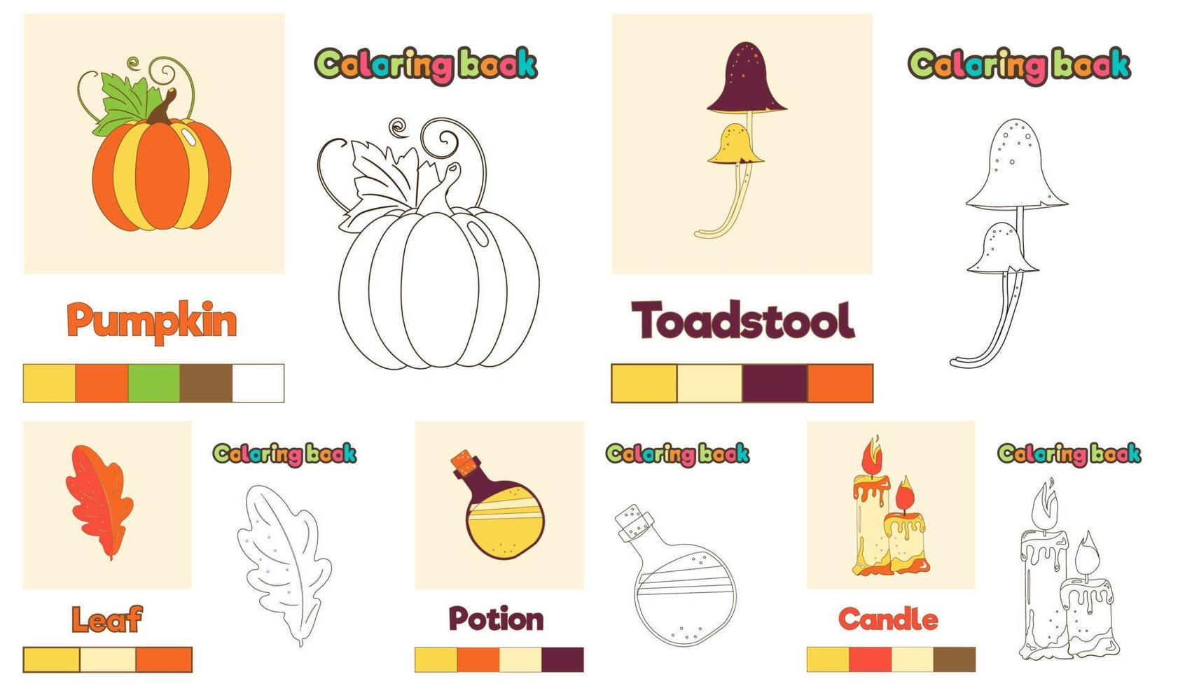 ilustração vetorial de um livro de colorir infantil para o feriado de halloween. livro para colorir conjunto abóbora, poções e cogumelos prontos para uso. vetor