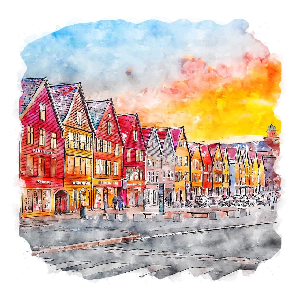 bergen hordaland norwegia esboço em aquarela ilustração desenhada à mão vetor