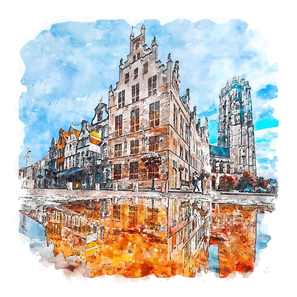 mechelen bélgica esboço em aquarela ilustração desenhada à mão vetor