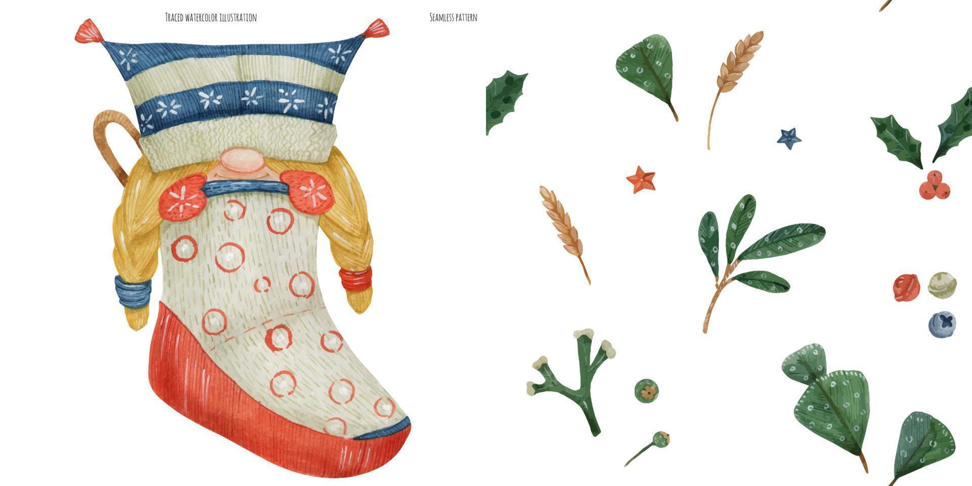 padrão floral aquarela de natal e garota gnomo nórdica vetor