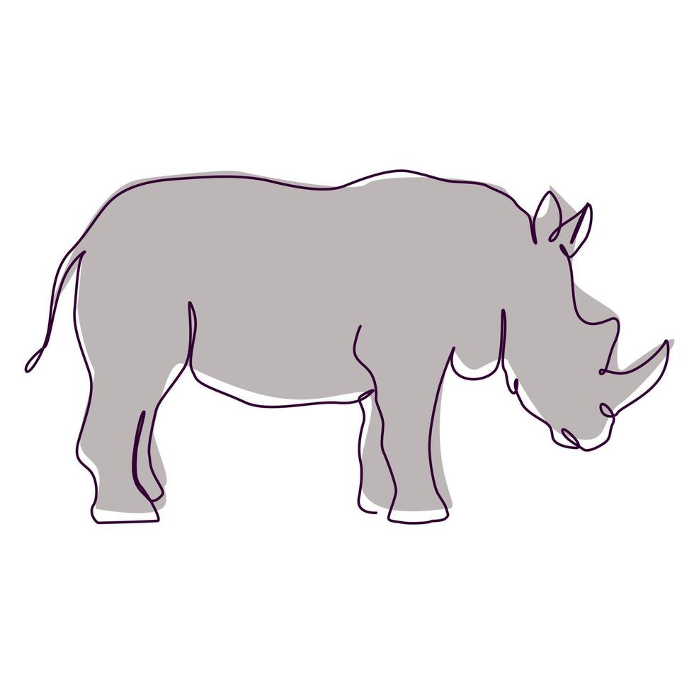 desenho de linha única de rinoceronte com cor cinza plana simples. ilustração para design de animais e natureza conceitual vetor