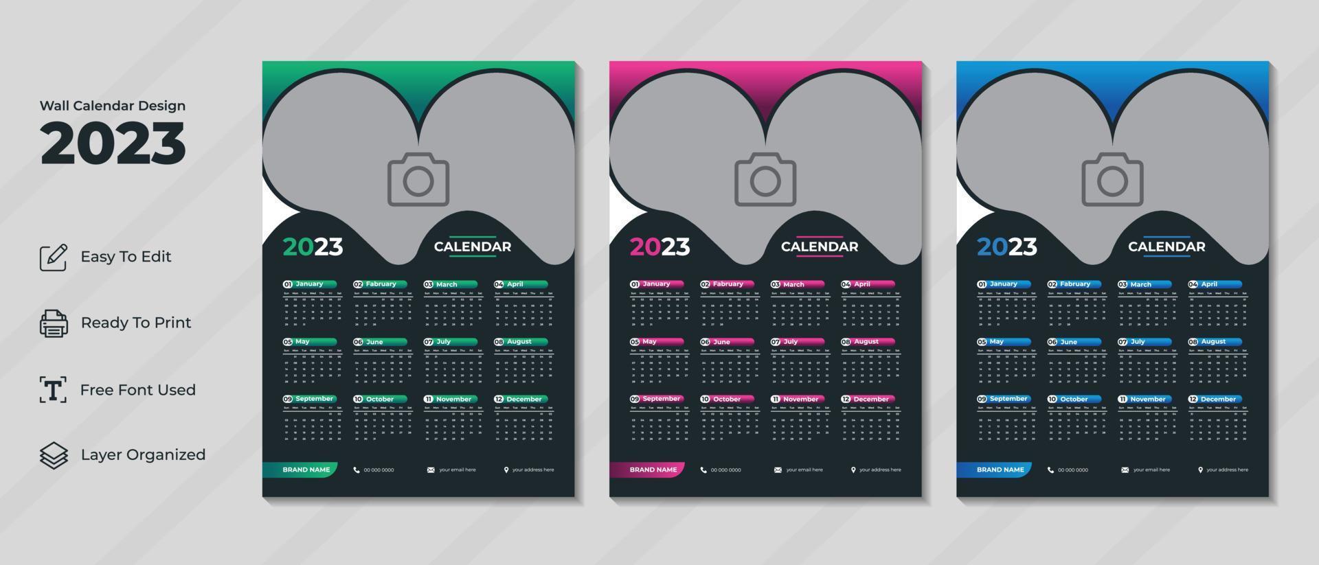 modelo de design de calendário de parede moderno 2023 com fundo preto. diário do planejador corporativo e de negócios para o ano novo de 2023, a semana começa no domingo. vetor