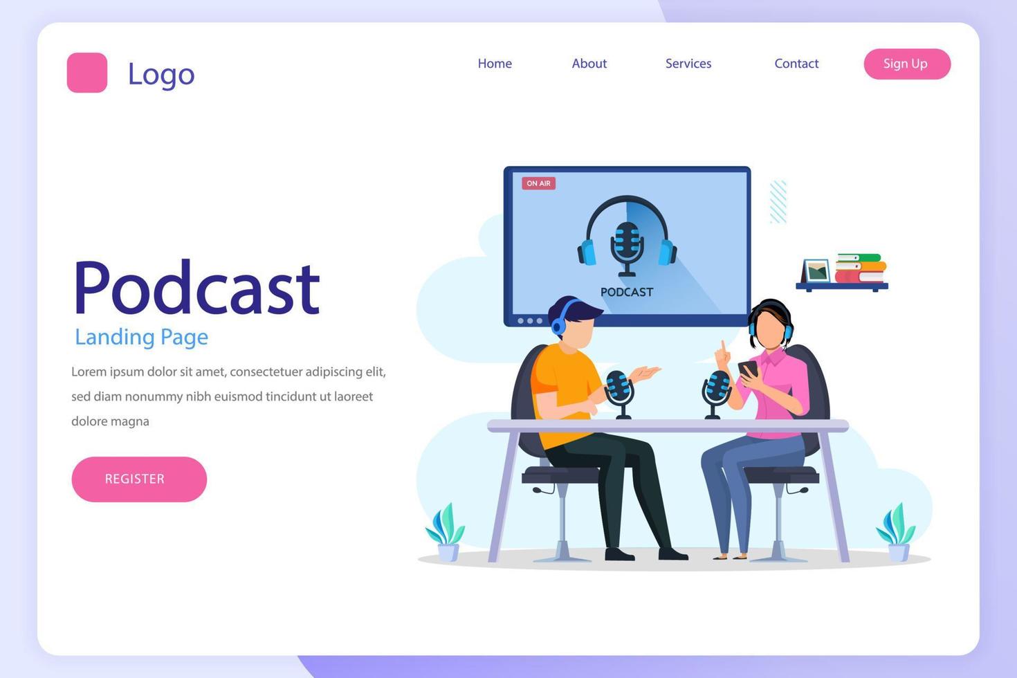 modelo de vetor plano de site de página de destino on-line de podcasting