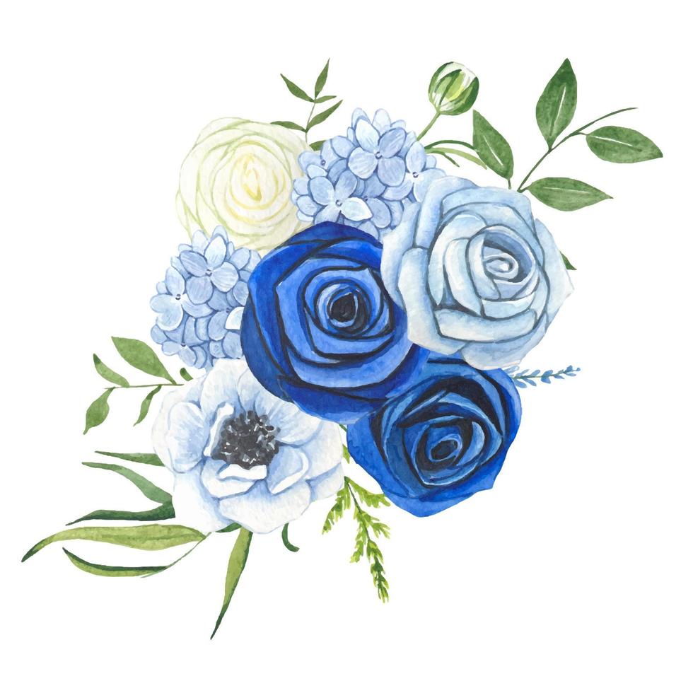 composições de rosas azuis e flores brancas vetor