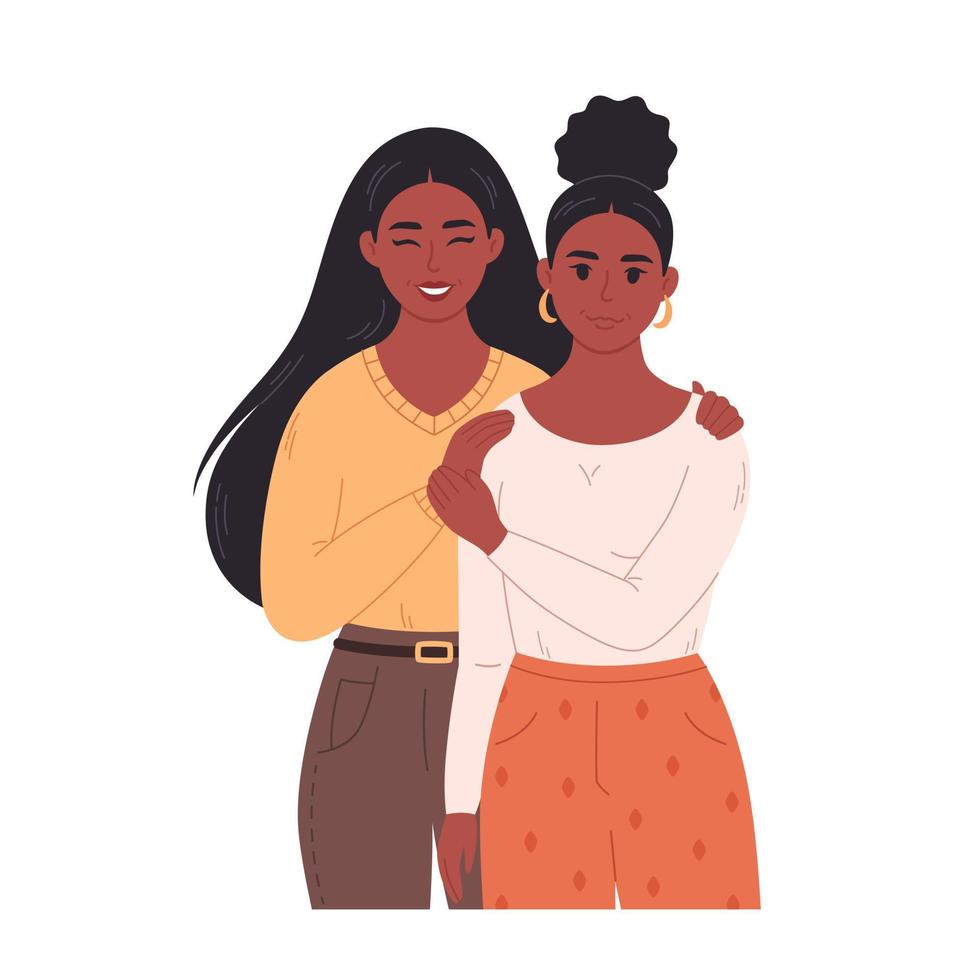 casal de lésbicas negras abraçando e sorrindo. casal querido juntos. família lgbt, orgulho lgbt vetor