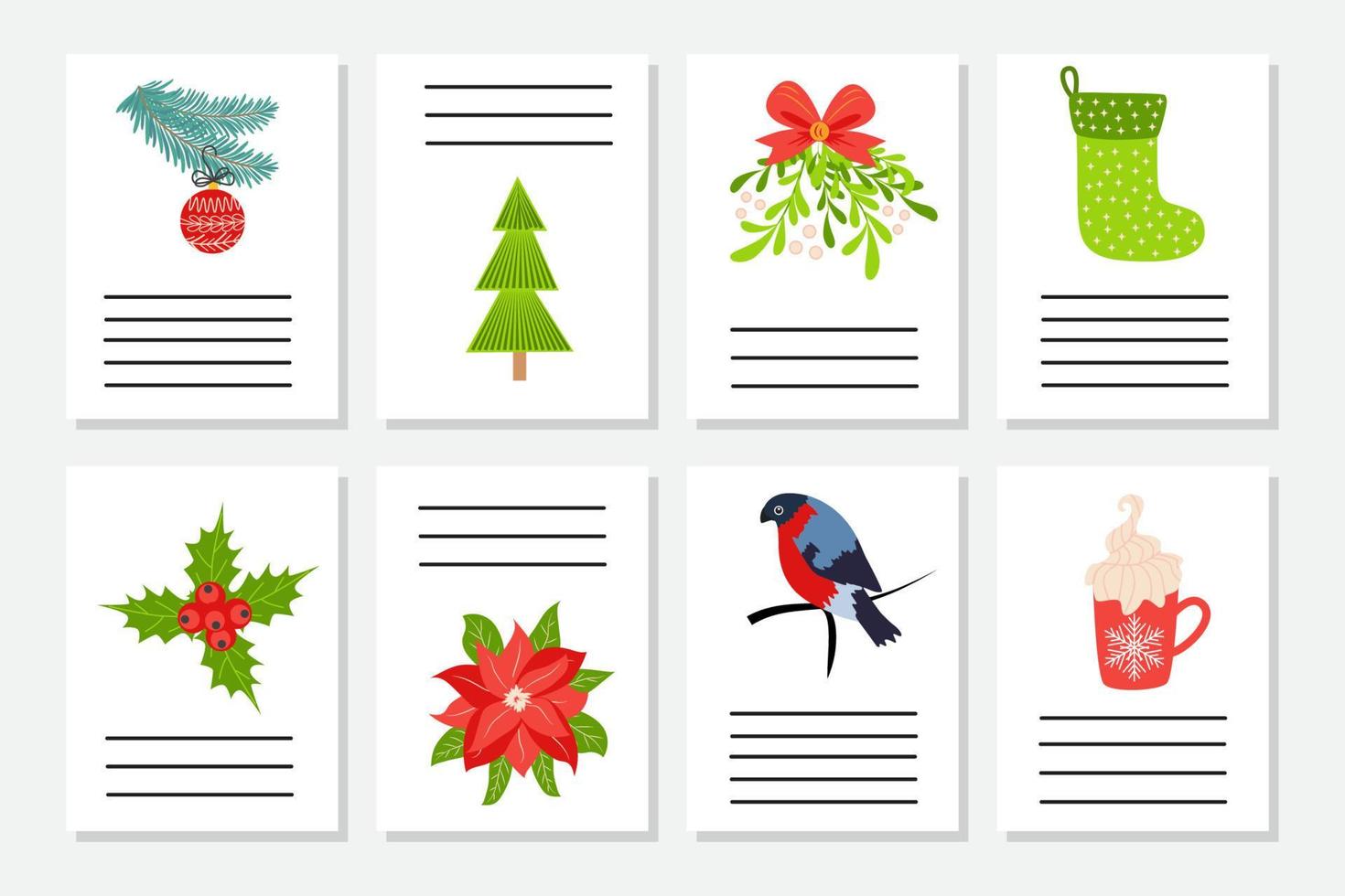 conjunto de saudação de natal ou convite. cartões postais com símbolos de ano novo, árvore de natal, flocos de neve, presentes, pirulito vetor