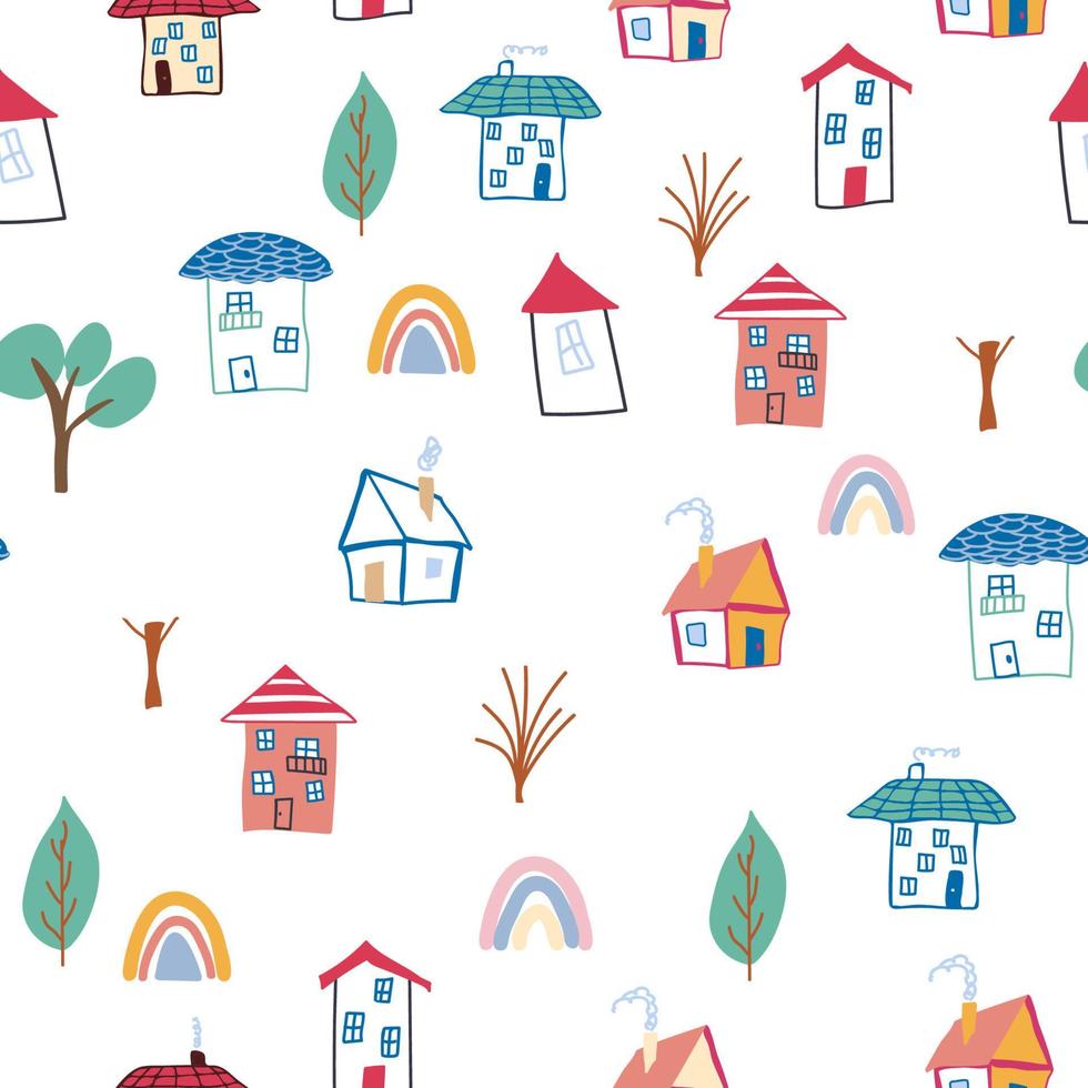 crianças sem costura padrão com elemento de coloração em casa doodle. padrão de casa, casas coloridas fofas, decoração infantil engraçada. vetor