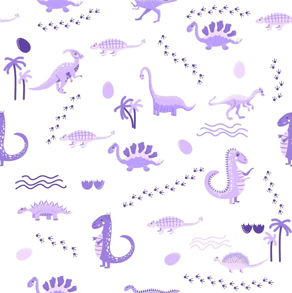 padrão sem emenda de dinossauros fofos. padrão sólido, tons de azul, verde, rosa, laranja, roxo, cinza. dinossauro engraçado dos desenhos animados vetor