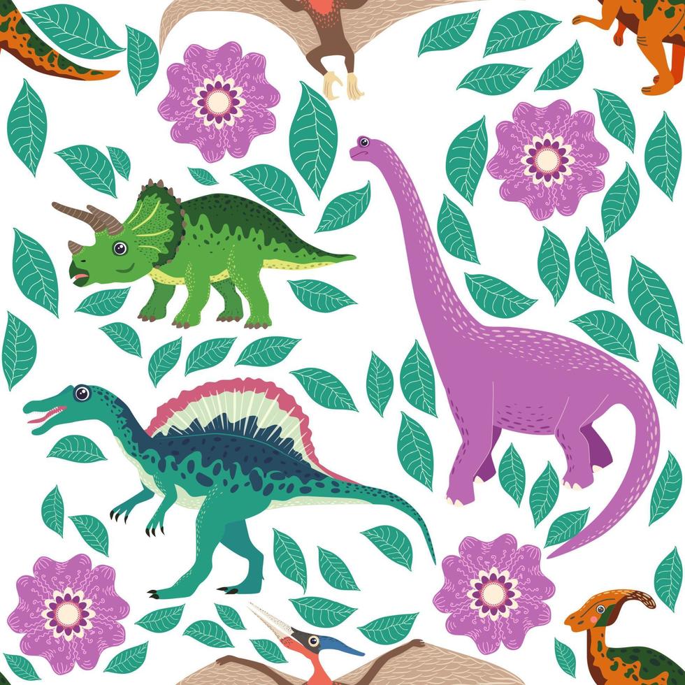 doodle padrão de dinossauro. impressão de dragão têxtil sem costura, fundo de tecido infantil na moda, dinossauros de desenho animado. vetor