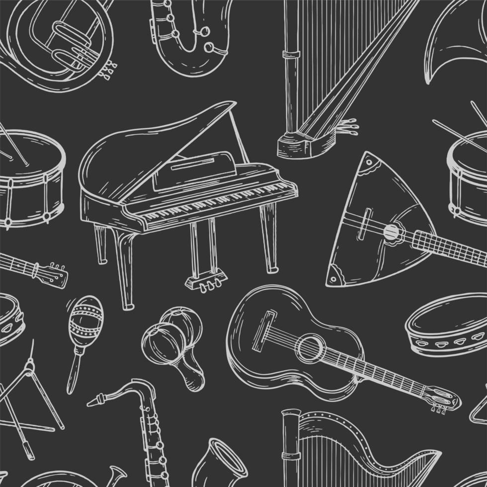 instrumentos musicais sem costura padrão desenhados à mão vector ilustração doodle preto e branco