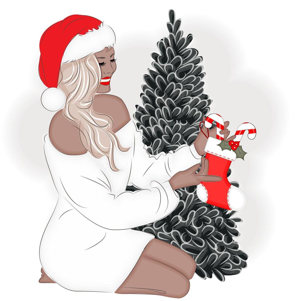 garota elegante na véspera de natal com um chapéu de papai noel, ilustração vetorial na moda vetor