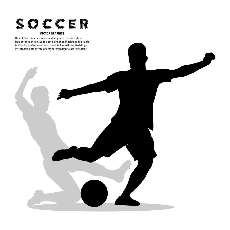silhueta vetorial de um jogador de futebol chutando a bola e evitando o ataque inimigo vetor