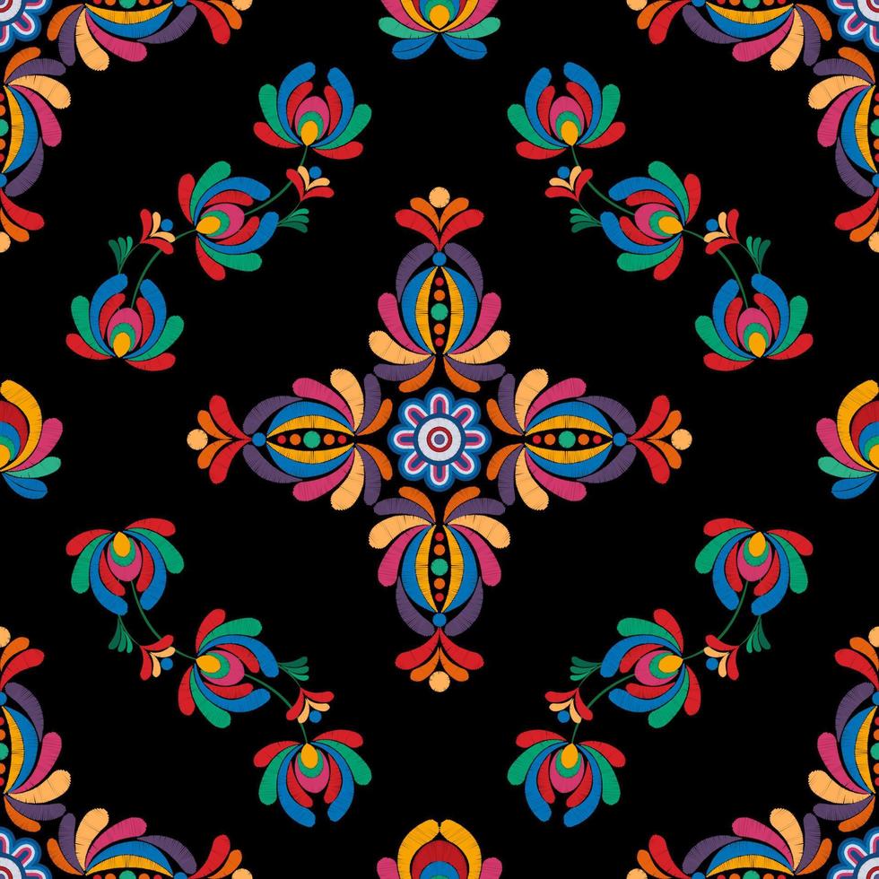 ikat design de decoração étnica padrão sem emenda. tecido asteca tapete boho mandalas têxtil decoração papel de parede. motivos nativos tribais ornamentos de flores bordados tradicionais vetor ilustrado fundo