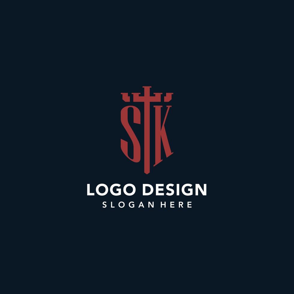 sk logotipos iniciais do monograma com design de forma de espada e escudo vetor