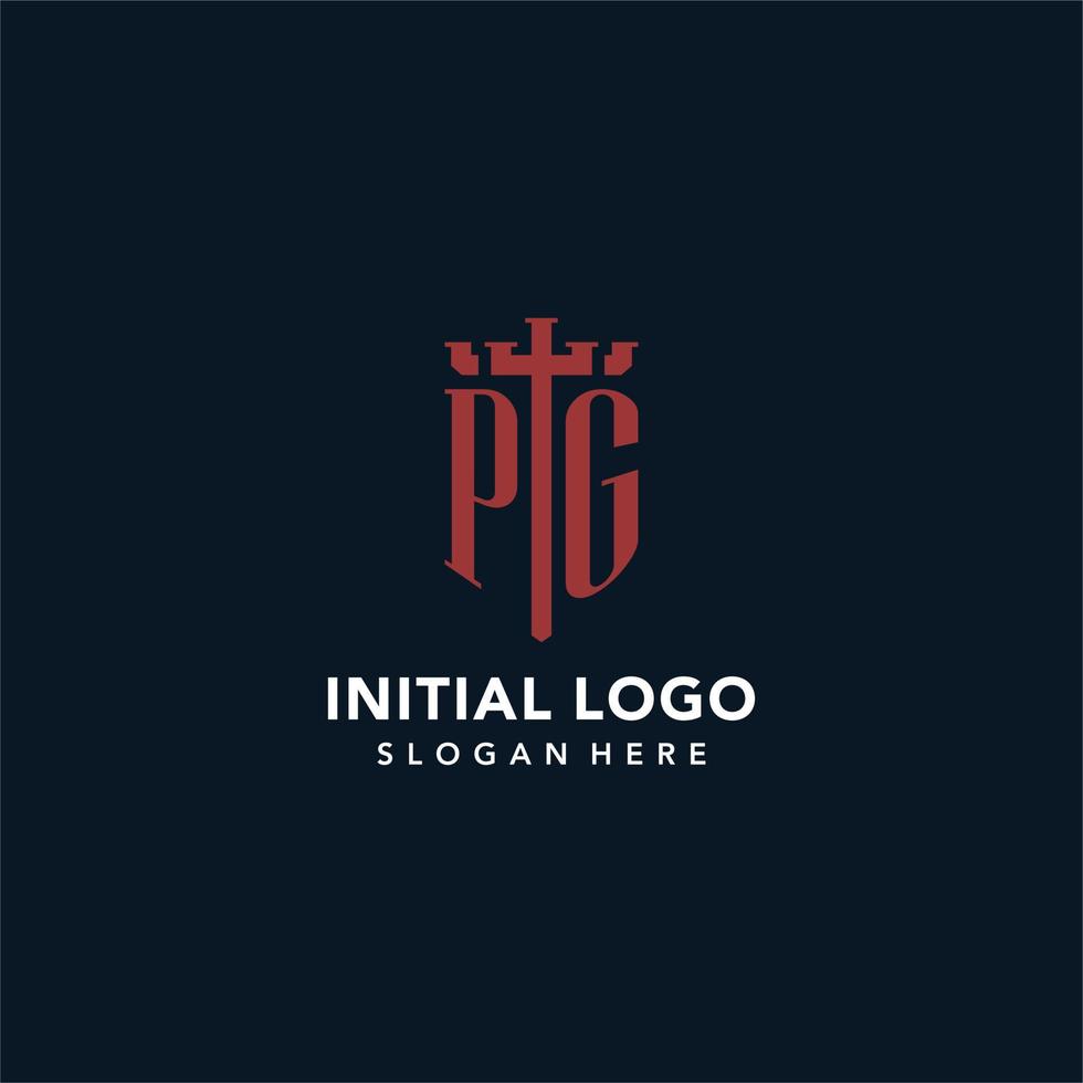 pg logotipos iniciais do monograma com design em forma de espada e escudo vetor