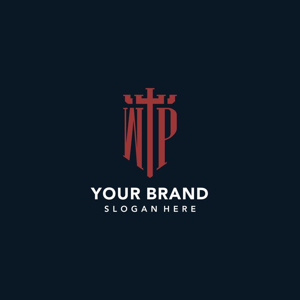 wp logotipos iniciais de monograma com design de forma de espada e escudo vetor