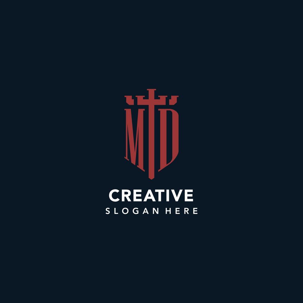 logotipos de monograma inicial md com design de forma de espada e escudo vetor