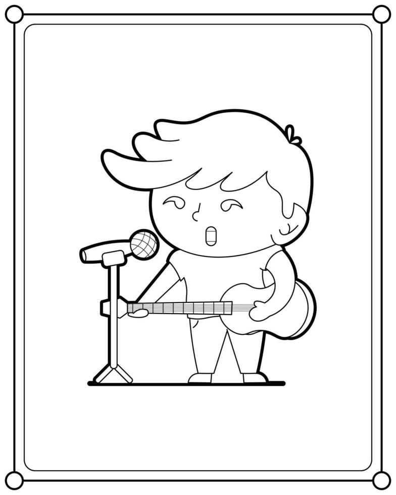 menino bonito cantando enquanto toca violão adequado para ilustração vetorial de página para colorir infantil vetor