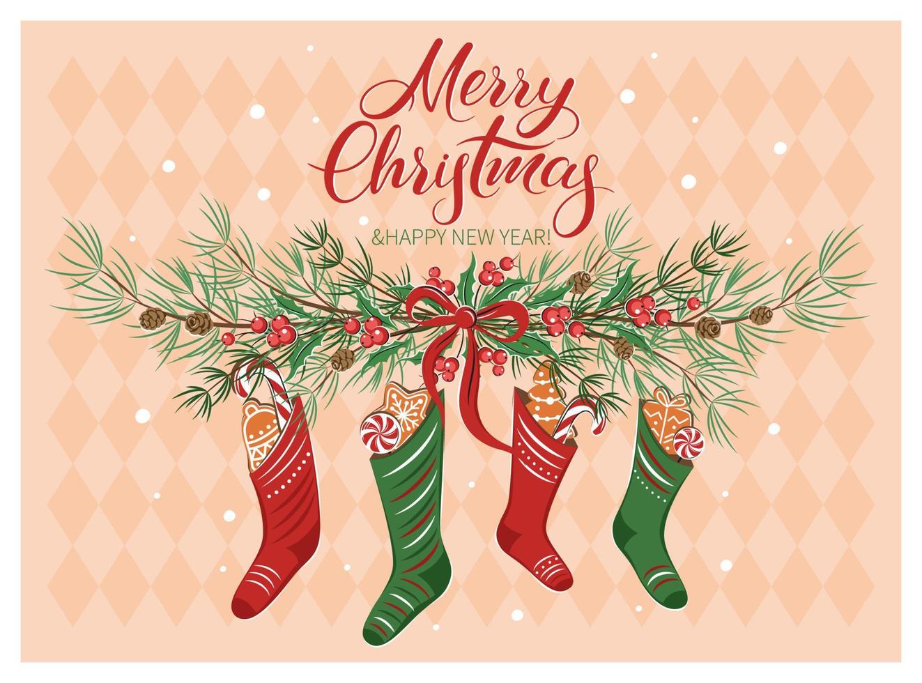 cartão de natal com presentes em meias e com decorações de inverno. feliz natal e feriado de ano novo. ilustração vetorial vetor
