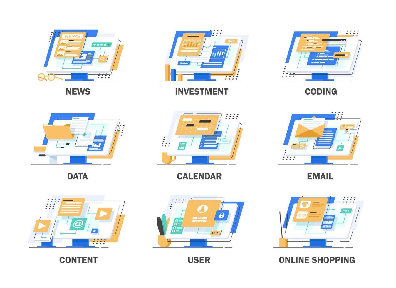 notícias,investimento,codificação,dados,calendário,e-mail,conteúdo,usuário,compras online,ilustração em vetor ícone design plano